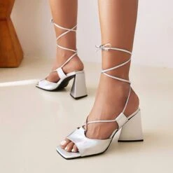 Solid Color Glistening Square Toe Strappy Sandals -Prettytina C23031793 SI 1
