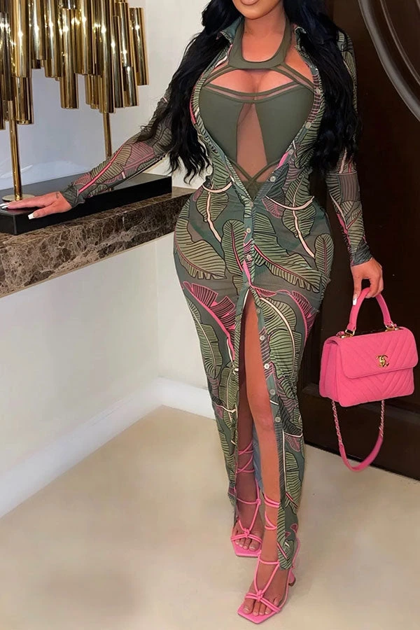 Leaf Print Boyish Single Breasted See-Through Maxi Dress 1 Leaf Print Boyish Single Breasted See-Through Maxi Dress