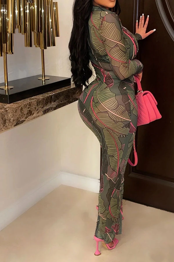 Leaf Print Boyish Single Breasted See-Through Maxi Dress 2 Leaf Print Boyish Single Breasted See-Through Maxi Dress - Image 2