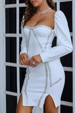 Rhinestone Elegant High Split Midi Dress -Prettytina C23032220 WH 3