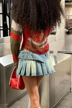 Buckled Design Urban Pleated Denim Skirt -Prettytina C23040407 BL 4