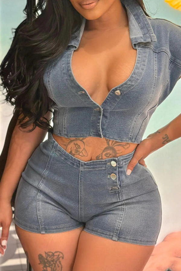 Solid Color Chic Cutout Waist Denim Romper 3 Solid Color Chic Cutout Waist Denim Romper - Image 3