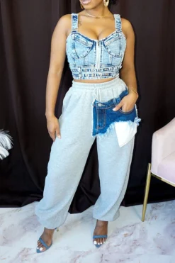 Denim Pocket Patchwork Stylish Drawstring Pants -Prettytina C23040422 AS 1