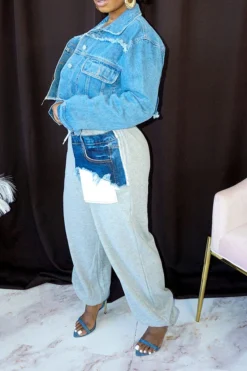 Denim Pocket Patchwork Stylish Drawstring Pants -Prettytina C23040422 AS 3