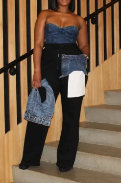 Denim Pocket Patchwork Stylish Drawstring Pants