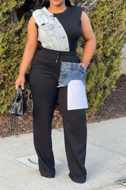 Denim Pocket Patchwork Stylish Drawstring Pants -Prettytina C23040422 BK 3