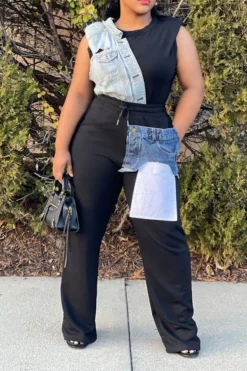 Denim Pocket Patchwork Stylish Drawstring Pants -Prettytina C23040422 BK 4