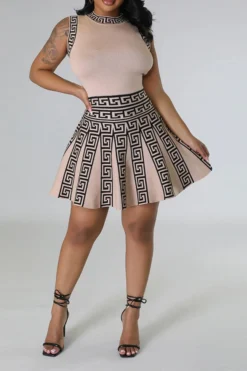 Geometric Print Patchwork Classic Pleated Mini Dress -Prettytina C23040438 AP 2