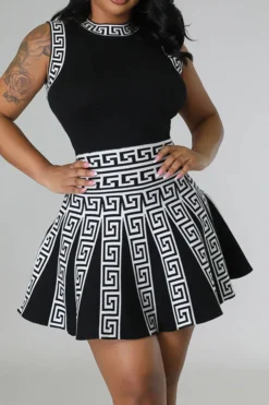 Geometric Print Patchwork Classic Pleated Mini Dress