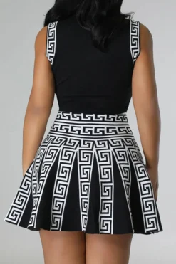 Geometric Print Patchwork Classic Pleated Mini Dress -Prettytina C23040438 BK 4