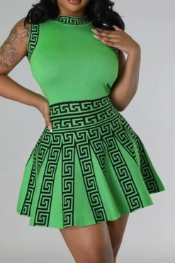 Geometric Print Patchwork Classic Pleated Mini Dress -Prettytina C23040438 GR 1