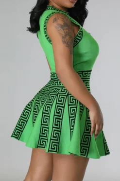 Geometric Print Patchwork Classic Pleated Mini Dress -Prettytina C23040438 GR 3