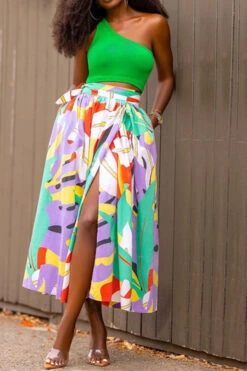 Leaf Print Smart Lace-Up High Split Dress Suit