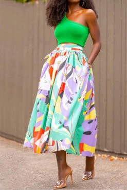 Leaf Print Smart Lace-Up High Split Dress Suit 5 Leaf Print Smart Lace-Up High Split Dress Suit -Prettytina C23040471 RT 3