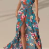 Floral Print Elegant Belted High Split Maxi Dress