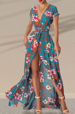 Floral Print Elegant Belted High Split Maxi Dress
