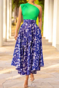 Floral Print One Shoulder Retro High Split Midi Dress -Prettytina C23040475 RT 3