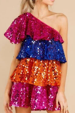 Color Block Sequined Sparkly Tiered Ruffle Midi Dress -Prettytina C23040476 RT 5