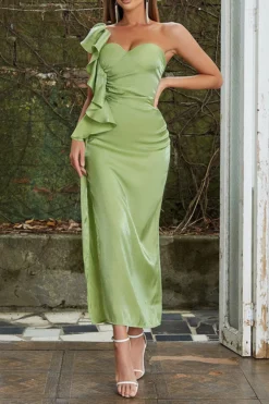 Solid Color Ruffle Glamorous High Split Midi Dress -Prettytina C23040480 GR 4