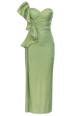 Solid Color Ruffle Glamorous High Split Midi Dress -Prettytina C23040480 GR 6