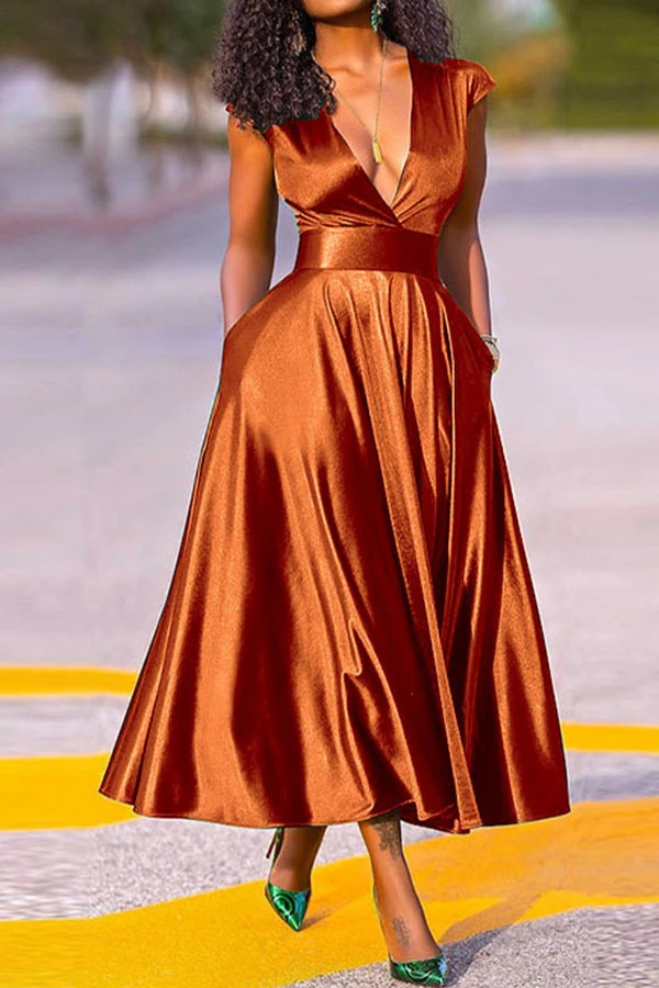 Solid Color Deep V Neck Bright Pleated Midi Dress 9 Solid Color Deep V Neck Bright Pleated Midi Dress - Image 9