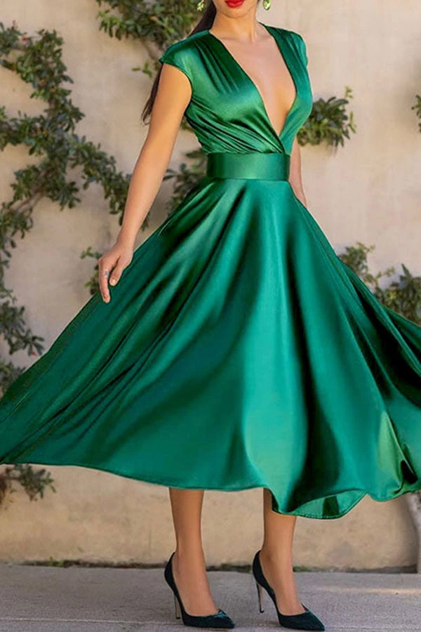 Solid Color Deep V Neck Bright Pleated Midi Dress 1 Solid Color Deep V Neck Bright Pleated Midi Dress