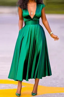 Solid Color Deep V Neck Bright Pleated Midi Dress 13 Solid Color Deep V Neck Bright Pleated Midi Dress -Prettytina C23040481 GR 3