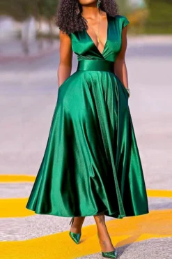 Solid Color Deep V Neck Bright Pleated Midi Dress 14 Solid Color Deep V Neck Bright Pleated Midi Dress -Prettytina C23040481 GR 4