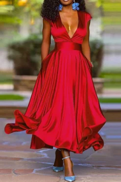 Solid Color Deep V Neck Bright Pleated Midi Dress 15 Solid Color Deep V Neck Bright Pleated Midi Dress -Prettytina C23040481 RE 1