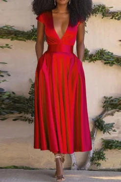 Solid Color Deep V Neck Bright Pleated Midi Dress 16 Solid Color Deep V Neck Bright Pleated Midi Dress -Prettytina C23040481 RE 2