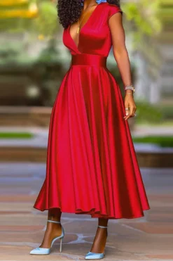 Solid Color Deep V Neck Bright Pleated Midi Dress 17 Solid Color Deep V Neck Bright Pleated Midi Dress -Prettytina C23040481 RE 3