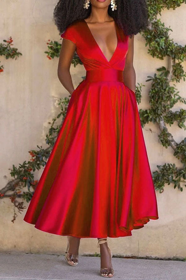 Solid Color Deep V Neck Bright Pleated Midi Dress 8 Solid Color Deep V Neck Bright Pleated Midi Dress - Image 8