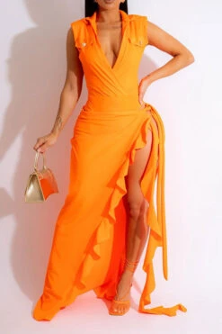 Solid Color Flattering Ruffle Lace-Up Dress Suit -Prettytina C23040483 OR 1