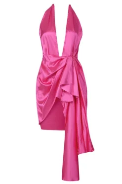 Solid Color Luxe Side Train Mini Dress -Prettytina C23040485 RR 5