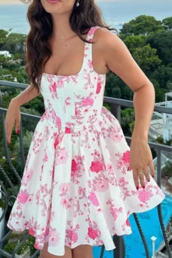 Rose Print Rocking Pleated Mini Dress