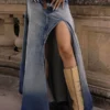 Gradient Urban Irregular Cutout High Split Denim Skirt