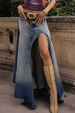 Gradient Urban Irregular Cutout High Split Denim Skirt