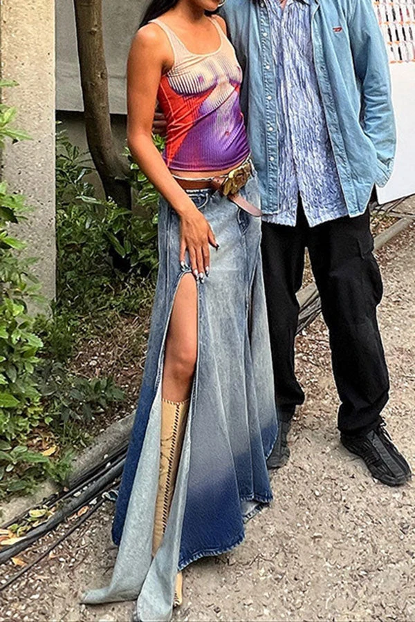 Gradient Urban Irregular Cutout High Split Denim Skirt 4 Gradient Urban Irregular Cutout High Split Denim Skirt - Image 4