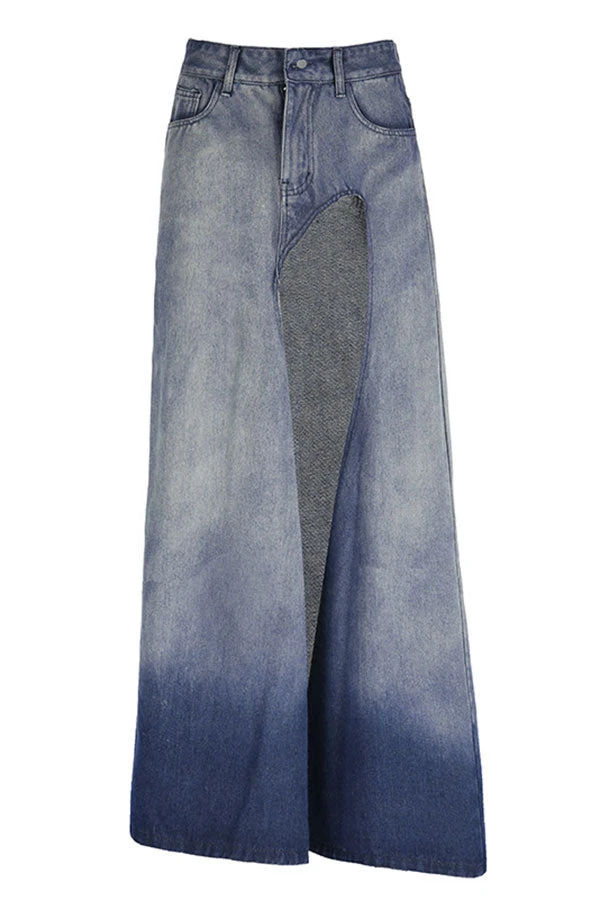 Gradient Urban Irregular Cutout High Split Denim Skirt 5 Gradient Urban Irregular Cutout High Split Denim Skirt - Image 5