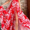 Floral Print Sweet V Neck High Split Maxi Dress
