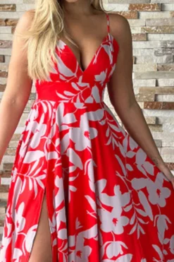 Floral Print Sweet V Neck High Split Maxi Dress 6 Floral Print Sweet V Neck High Split Maxi Dress -Prettytina C23041132 RE 3