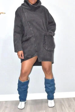 Solid Color Whimsical Irregular Denim Mini Dress 9 Solid Color Whimsical Irregular Denim Mini Dress -Prettytina C23041139 BK 3