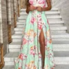 Floral Print Ruffle Strap Rocking High Split Maxi Dress