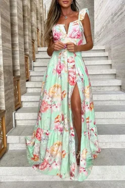 Floral Print Ruffle Strap Rocking High Split Maxi Dress