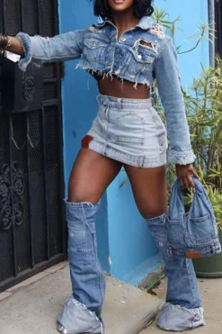 Solid Color Unique Zipper Denim Skirt 7 Solid Color Unique Zipper Denim Skirt -Prettytina C23041903 BL 3