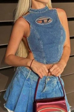 Metal Decor Smart Strappy Open Back Denim Camisole -Prettytina C23041905 BL 3