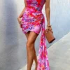 Floral Print Pretty Draped Side Train Mini Dress