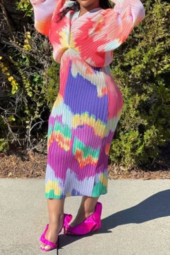 Tie Dye Colorful Batwing Sleeve Midi Dress -Prettytina C23041920 R1 4
