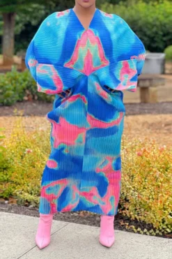 Tie Dye Colorful Batwing Sleeve Midi Dress -Prettytina C23041920 R2 1