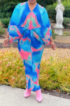 Tie Dye Colorful Batwing Sleeve Midi Dress -Prettytina C23041920 R2 2